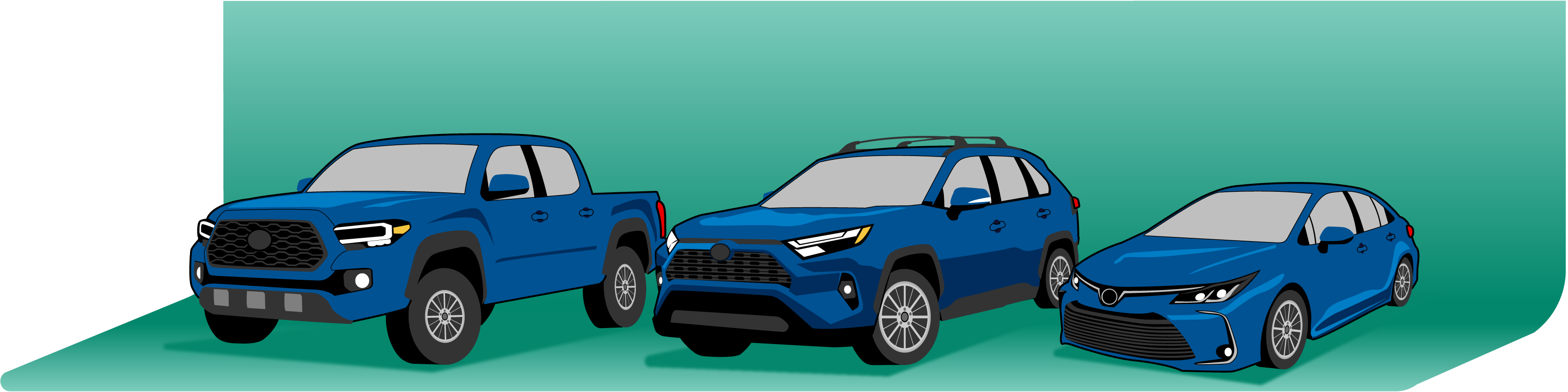 3 Toyota vehicles in a line