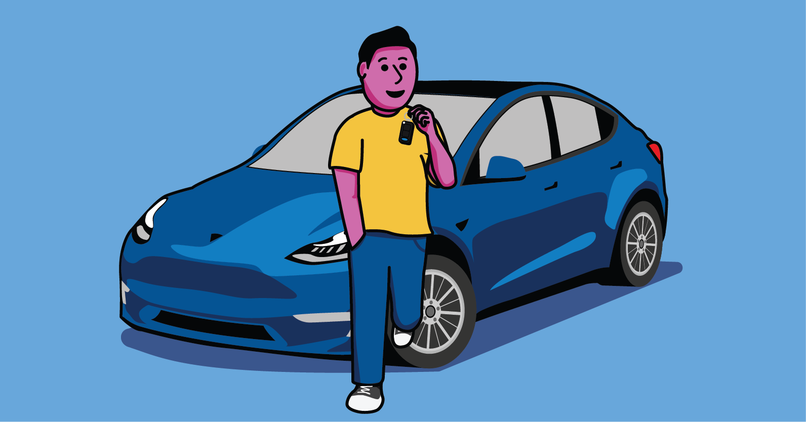 Person in front of a blue Tesla vehicle