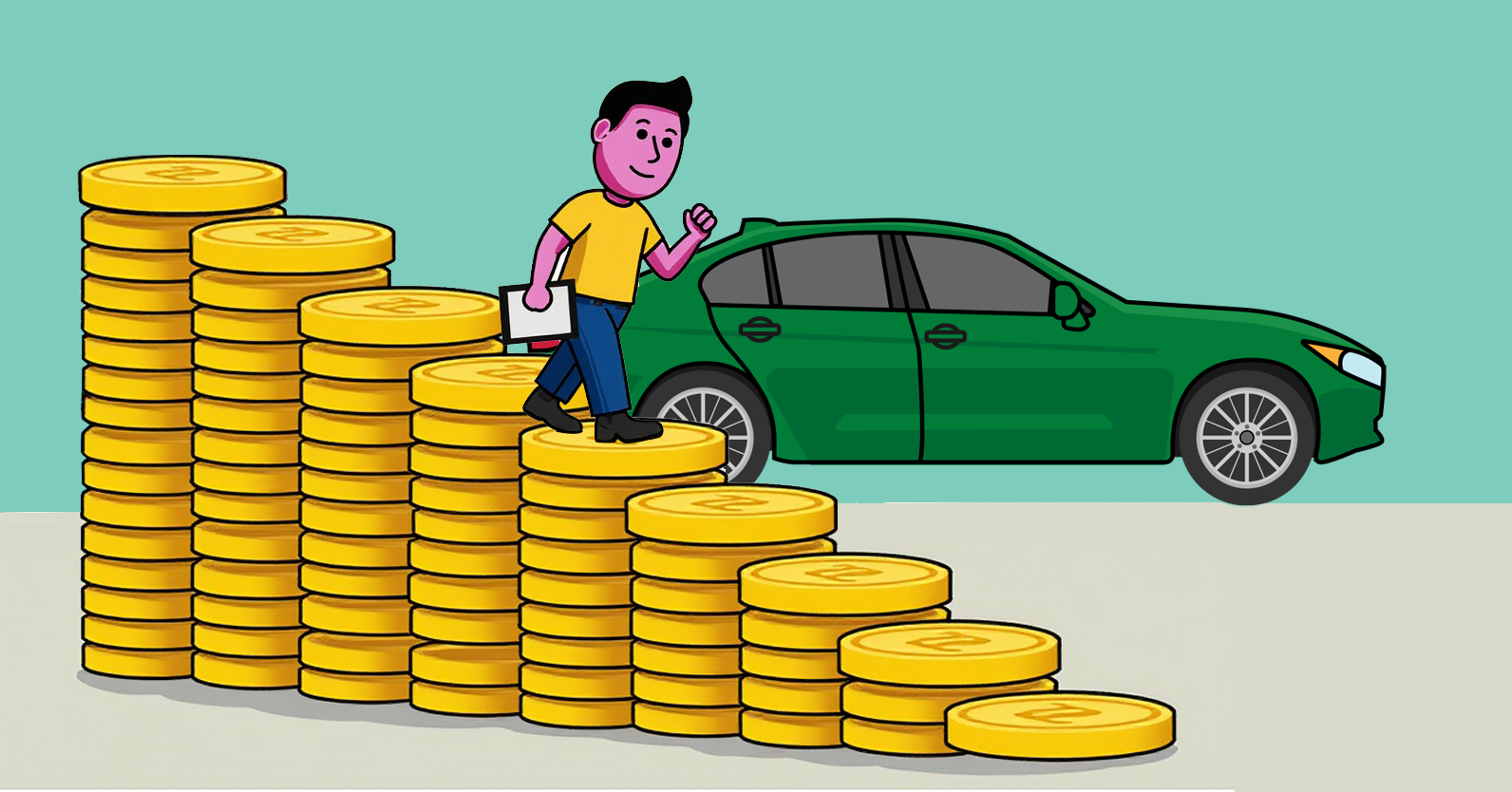 Person walking down staircase of gold coins