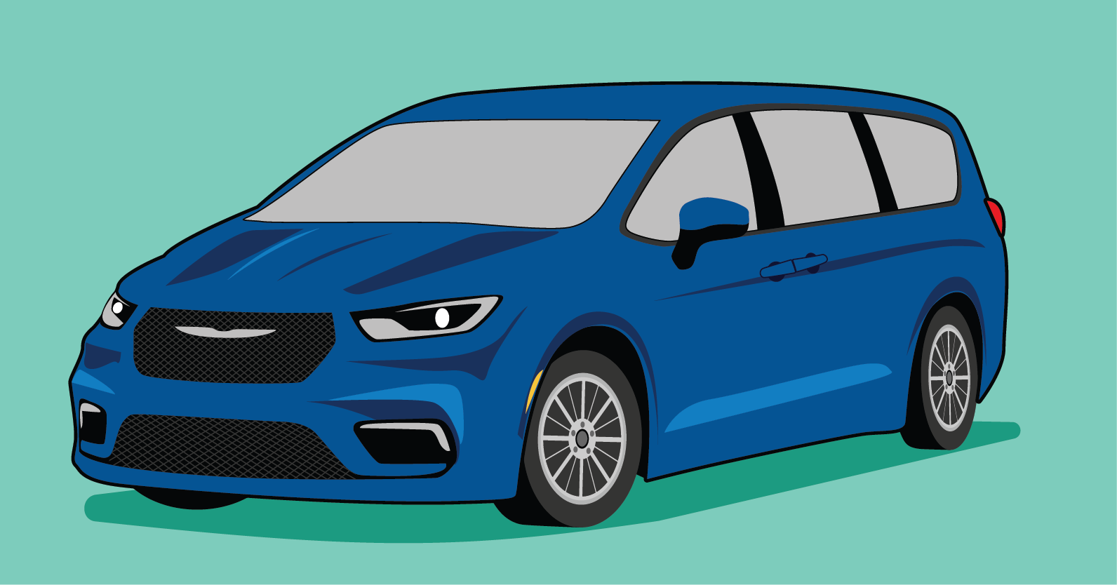 Chrysler van in front of green background