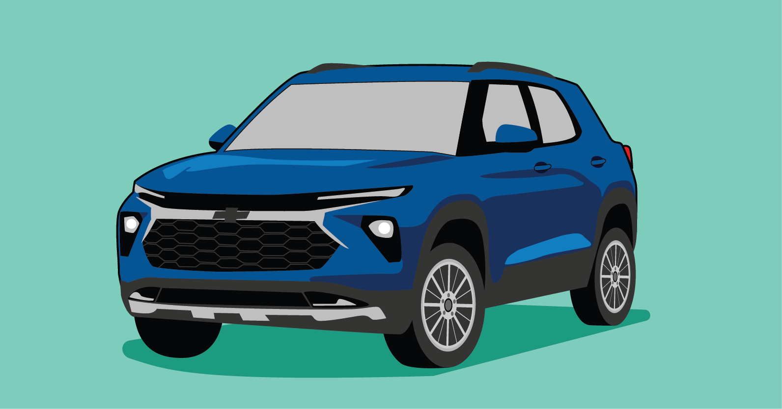 Blue vehicle in front of a green background