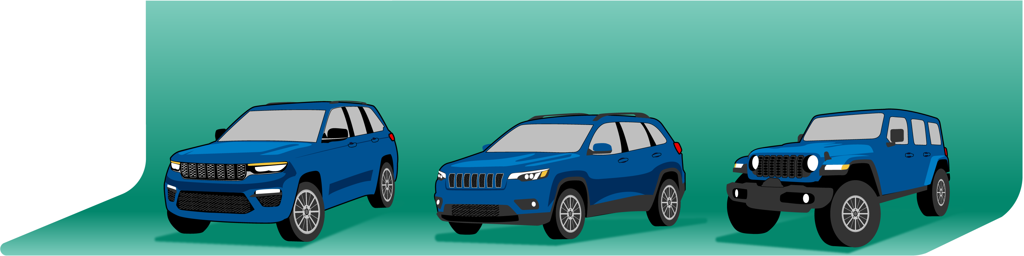 Three Jeep vehicles in front of a green background