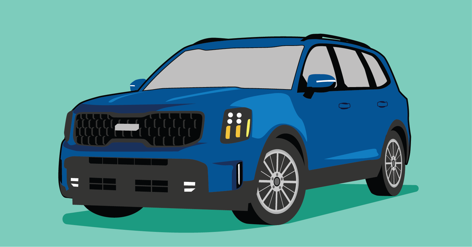 Blue Kia vehicle in front of a green background