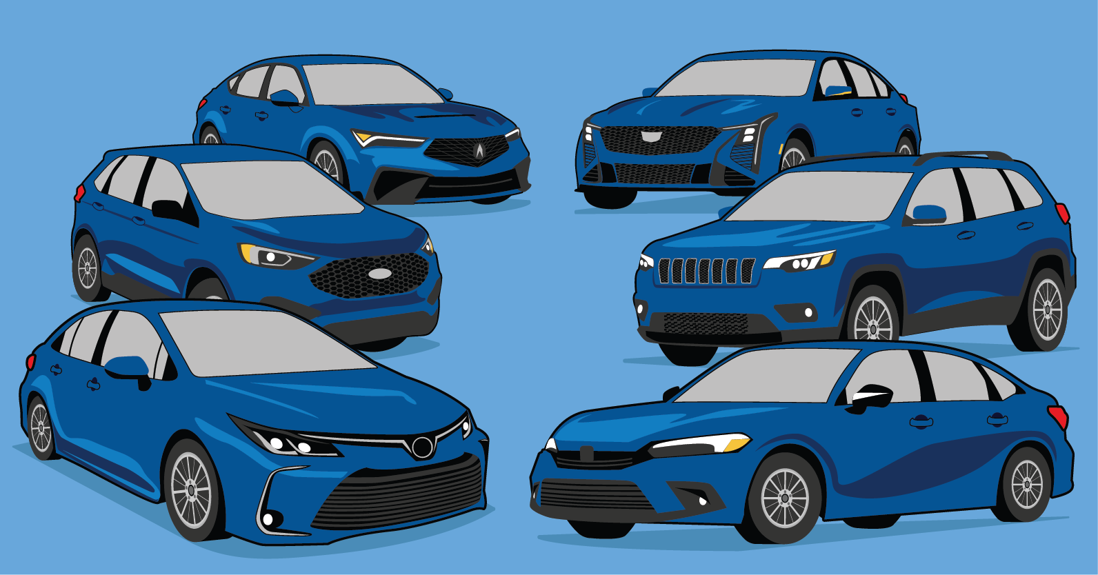 Six blue vehicles over a blue background