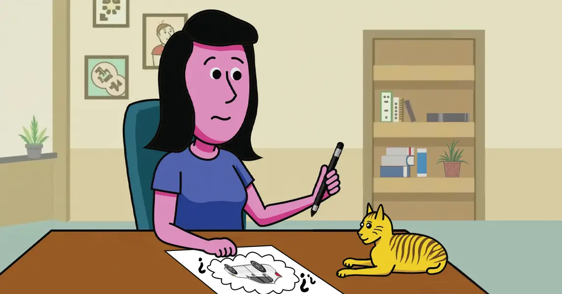 Person looking concerned at a paper with a car on it