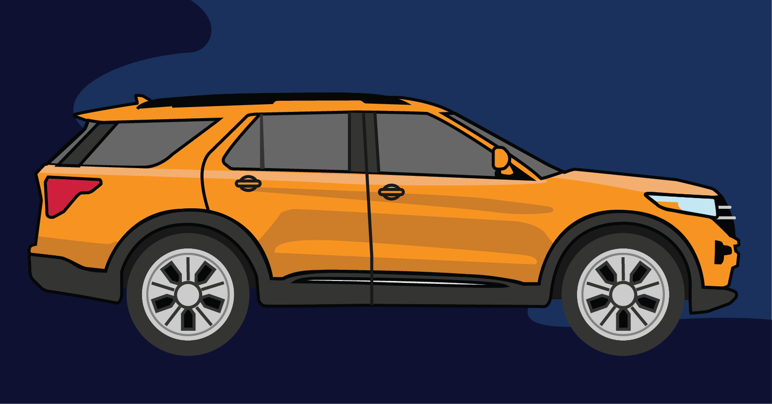Orange SUV with a navy blue background