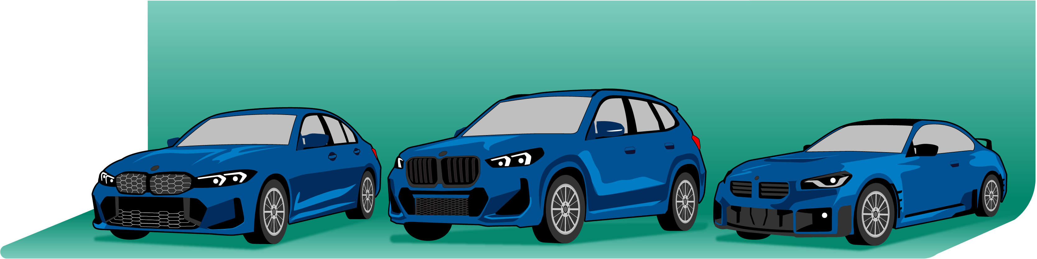 Three BMWs in a line