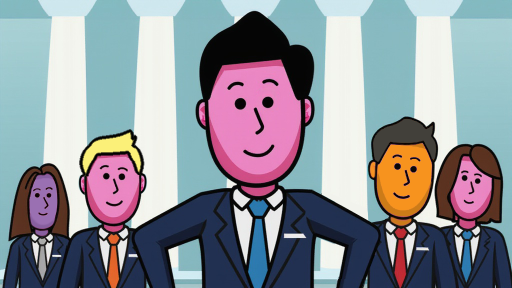 People in suits in a line in front of a bank