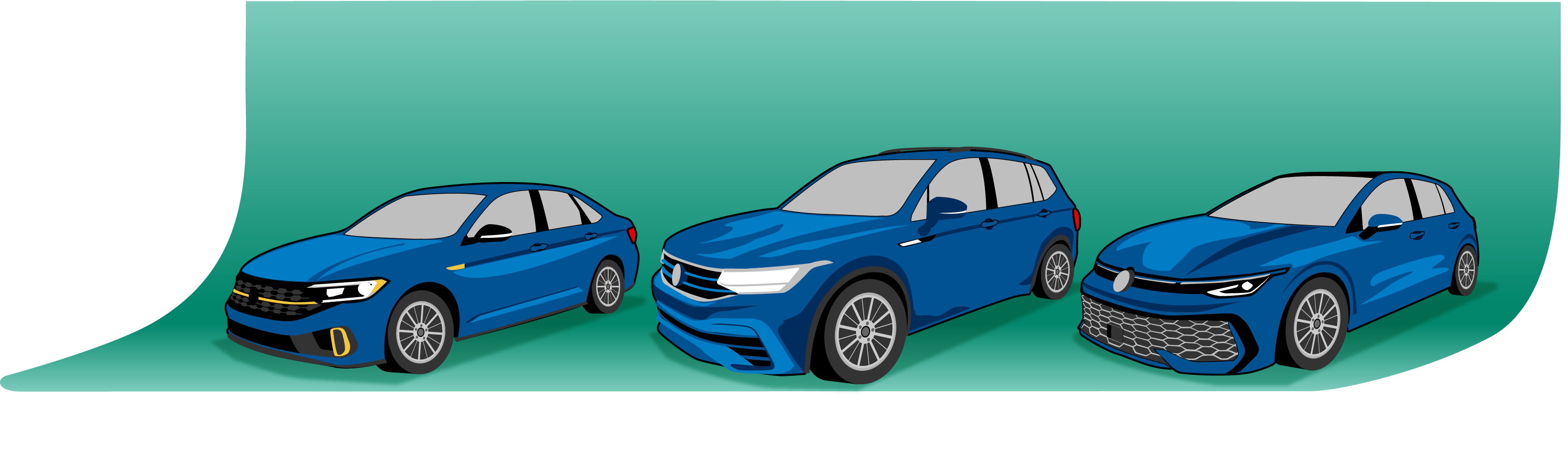 Three VW vehicles on a green background