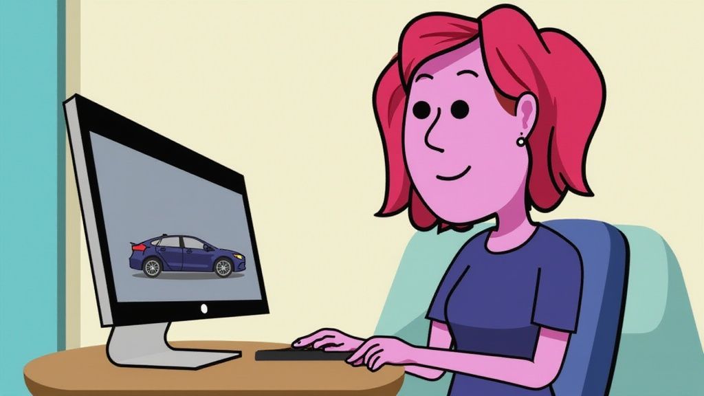 Woman looking at a computer with a car on the screen