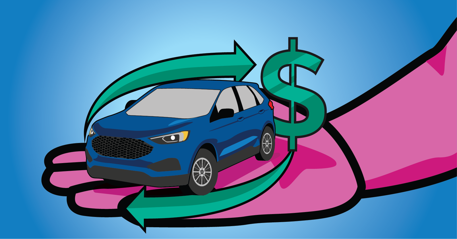 A car on a hand being recycled into a dollar sign.