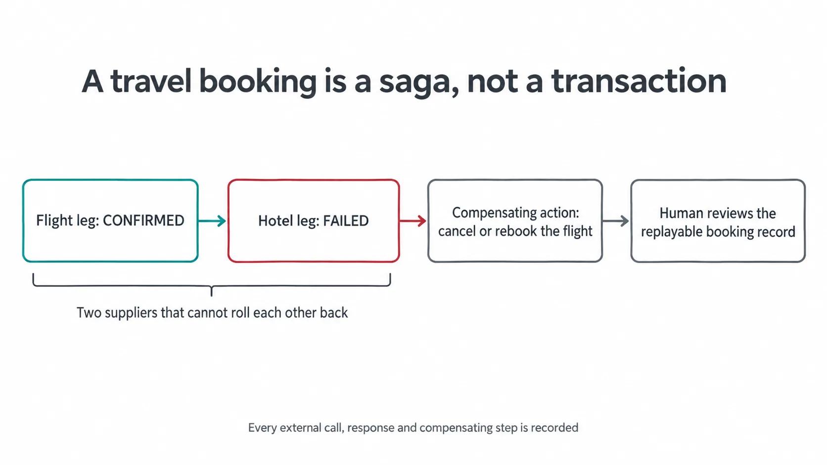 A travel booking is a saga: the flight leg confirms, the hotel leg fails, a compensating action cancels or rebooks the flight, and a human reviews the replayable booking record