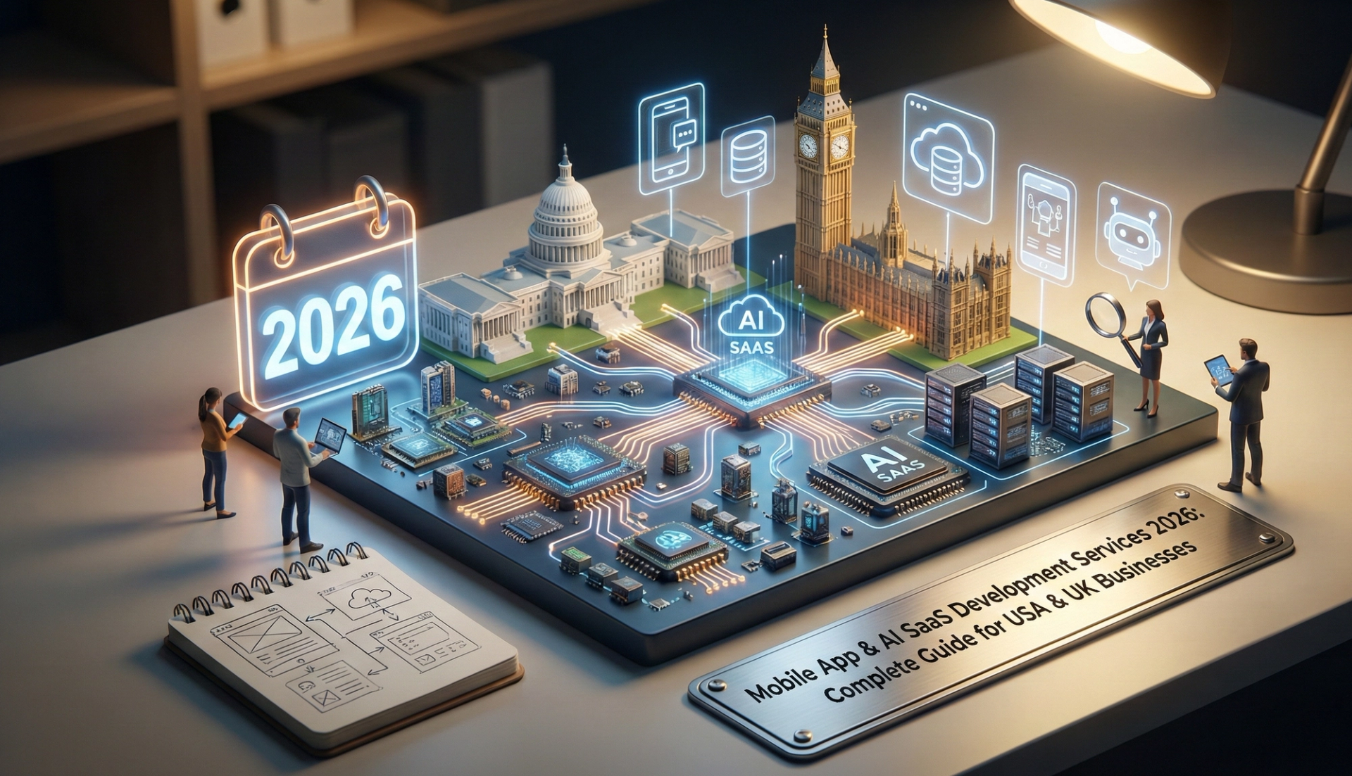 Mobile app AI development 2026 - smartphone with artificial intelligence interface for USA and UK markets