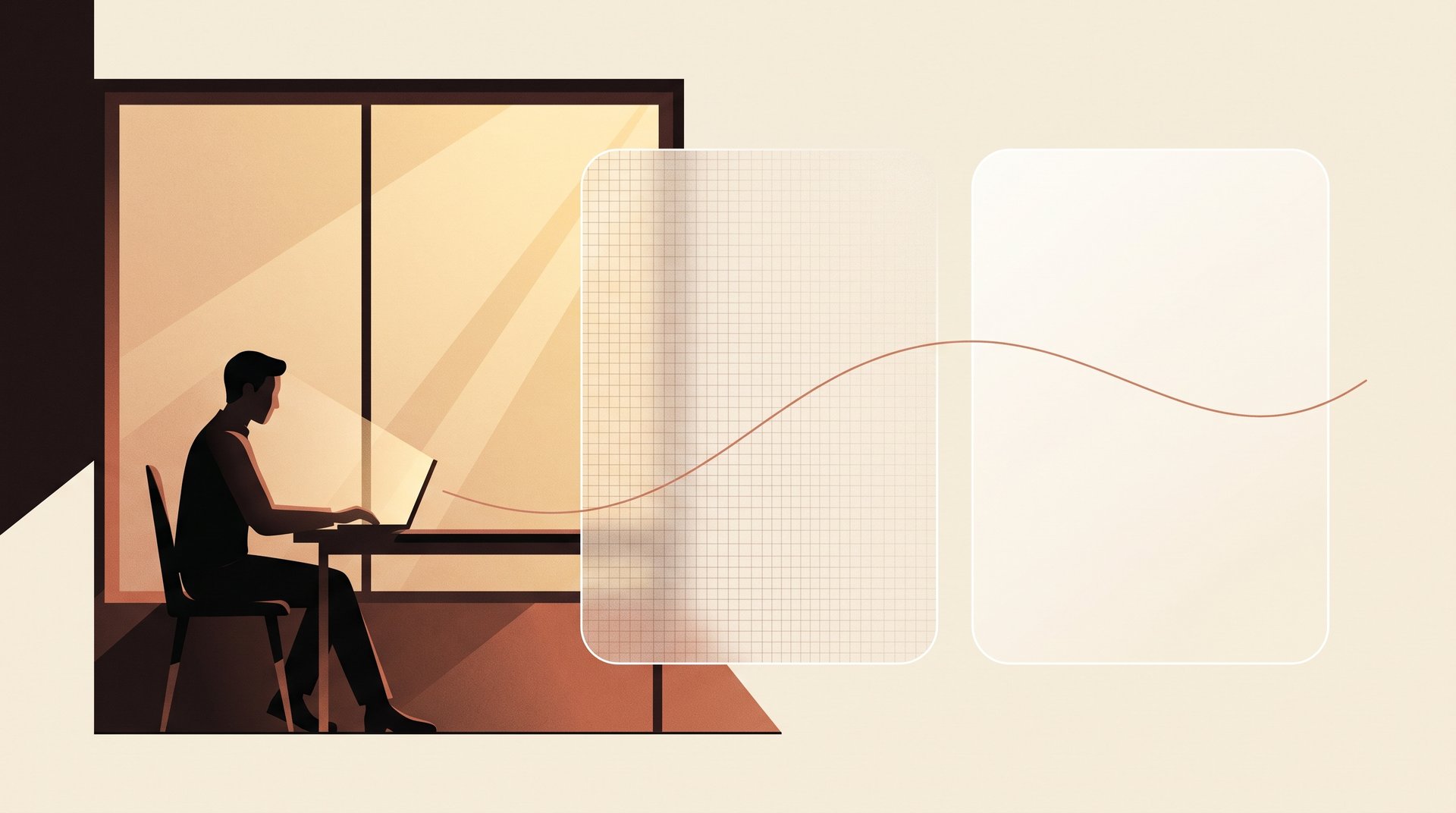 Illustration of two connected system panes, one textured like a legacy grid system and one clean and new, representing legacy integration