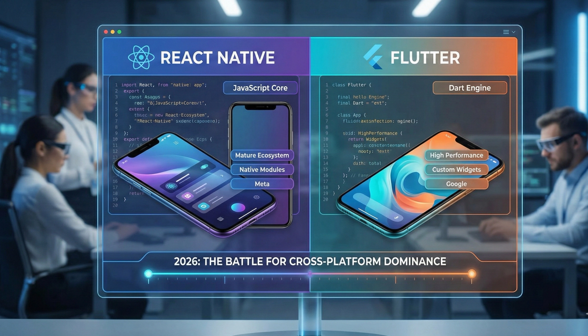 Comparison between React Native and Flutter frameworks showing code on screens
