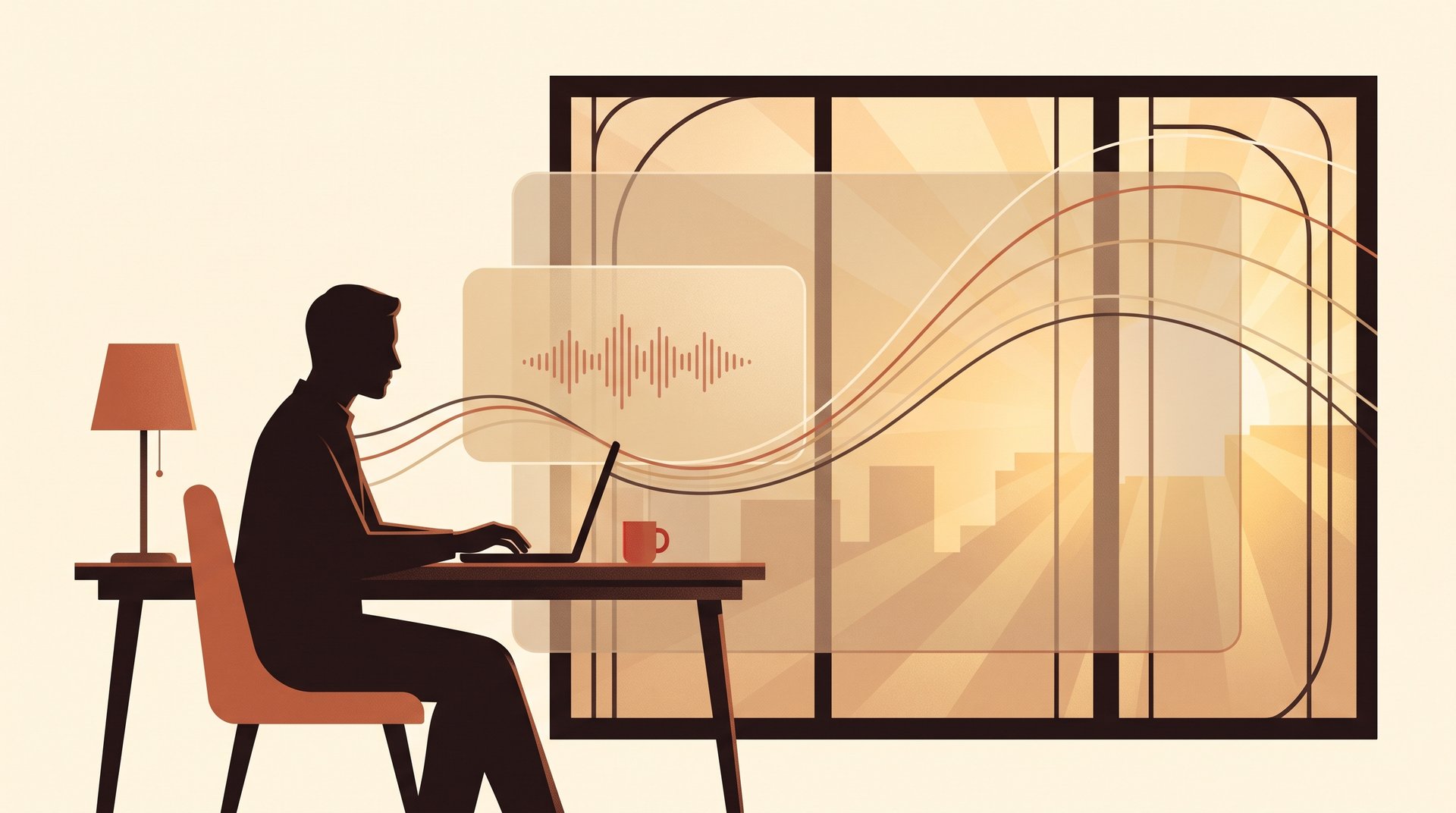 Illustration of a small branded voice-agent interface pane sitting in front of a larger, unbranded infrastructure layer