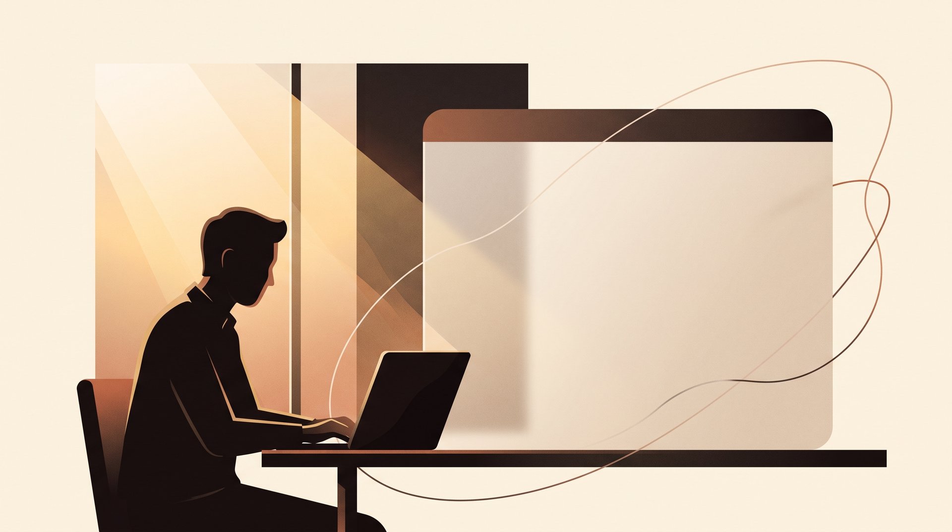 Illustration of a solid application-window pane standing on a desk, representing an owned desktop tool