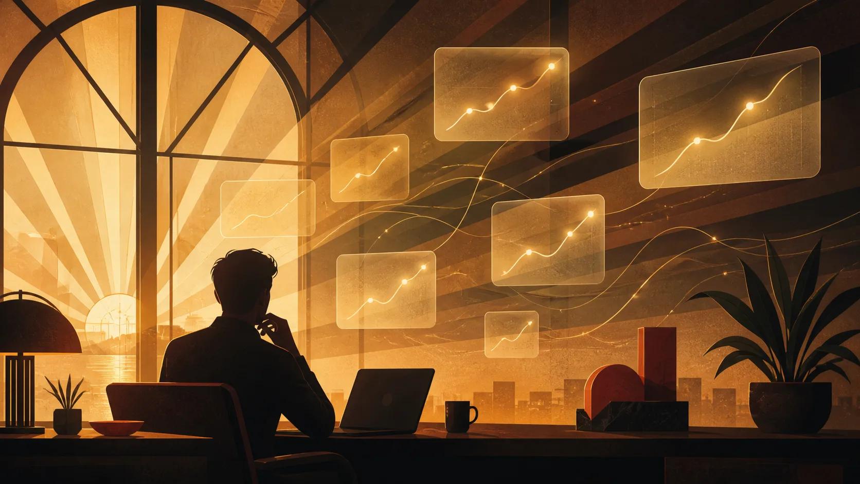 Layered signal panels lighting up one by one above a desk, representing buying signals surfacing before a rep notices them