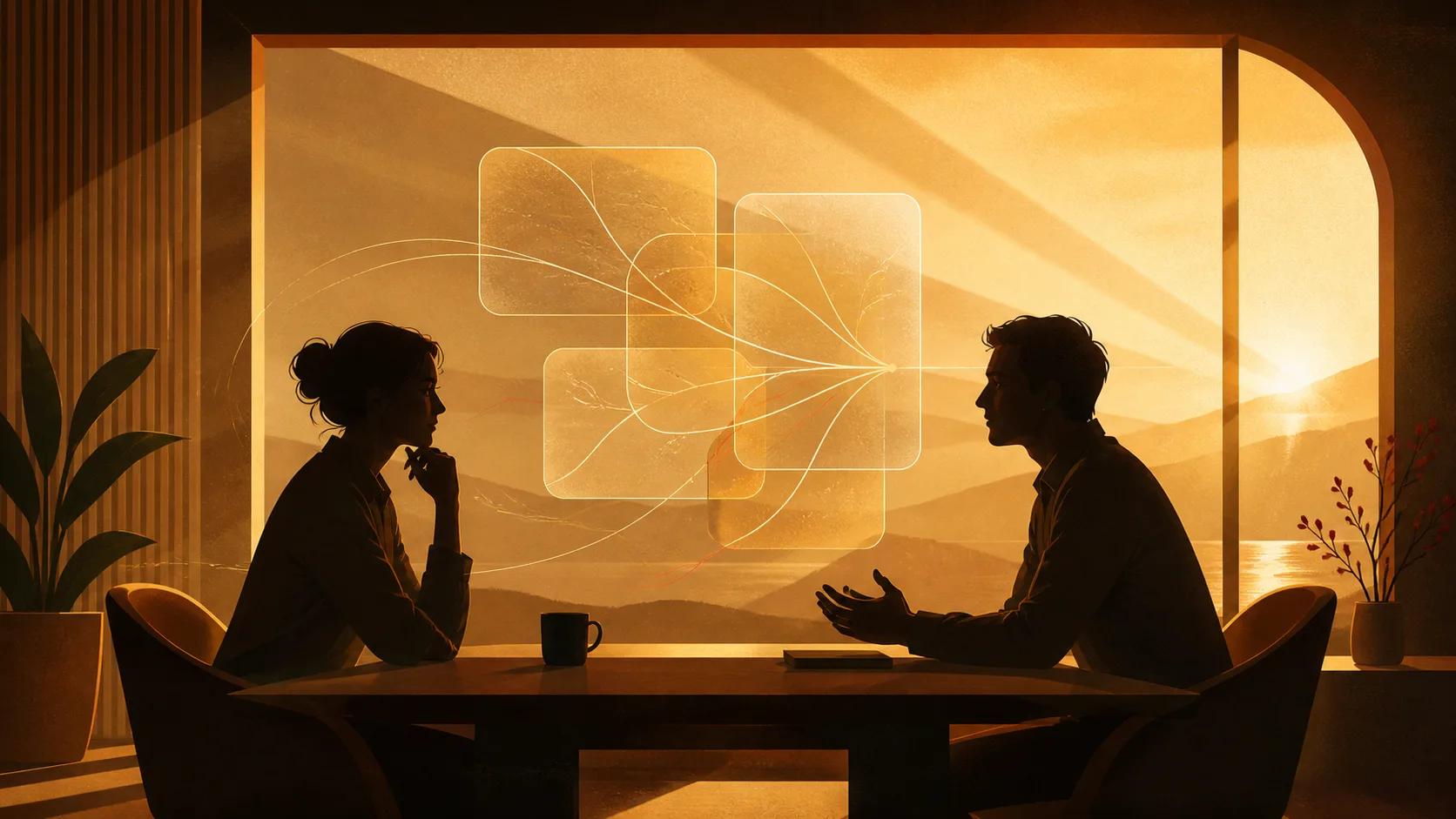 Two figures in conversation with converging translucent panels representing different selling paths meeting at one point
