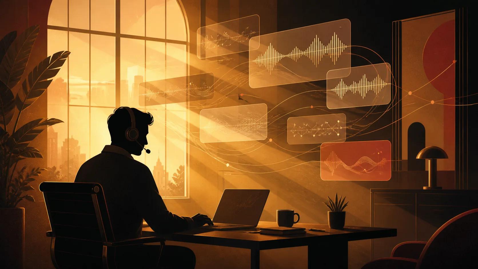 A silhouetted figure at a desk with sound-wave panels representing calls being transcribed and analyzed in real time