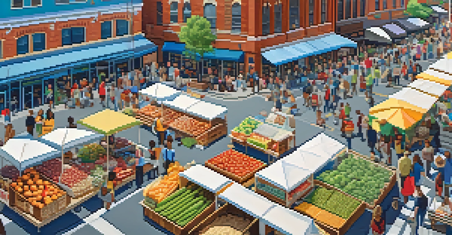 An aerial view of a vibrant farmers' market in Philadelphia with stalls of organic produce and local goods surrounded by urban architecture.