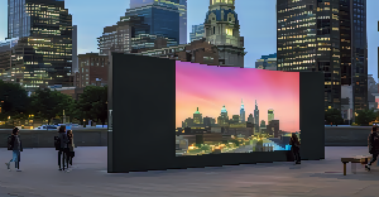 An interactive digital art installation in a public space in Philadelphia, with diverse people engaging with the changing visuals and the city skyline at twilight.