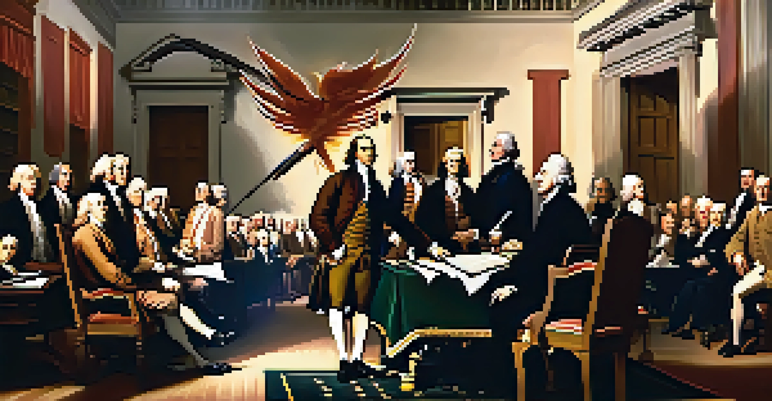 An artistic depiction of the signing of the Declaration of Independence, featuring Thomas Jefferson and other founding fathers in a candle-lit room.