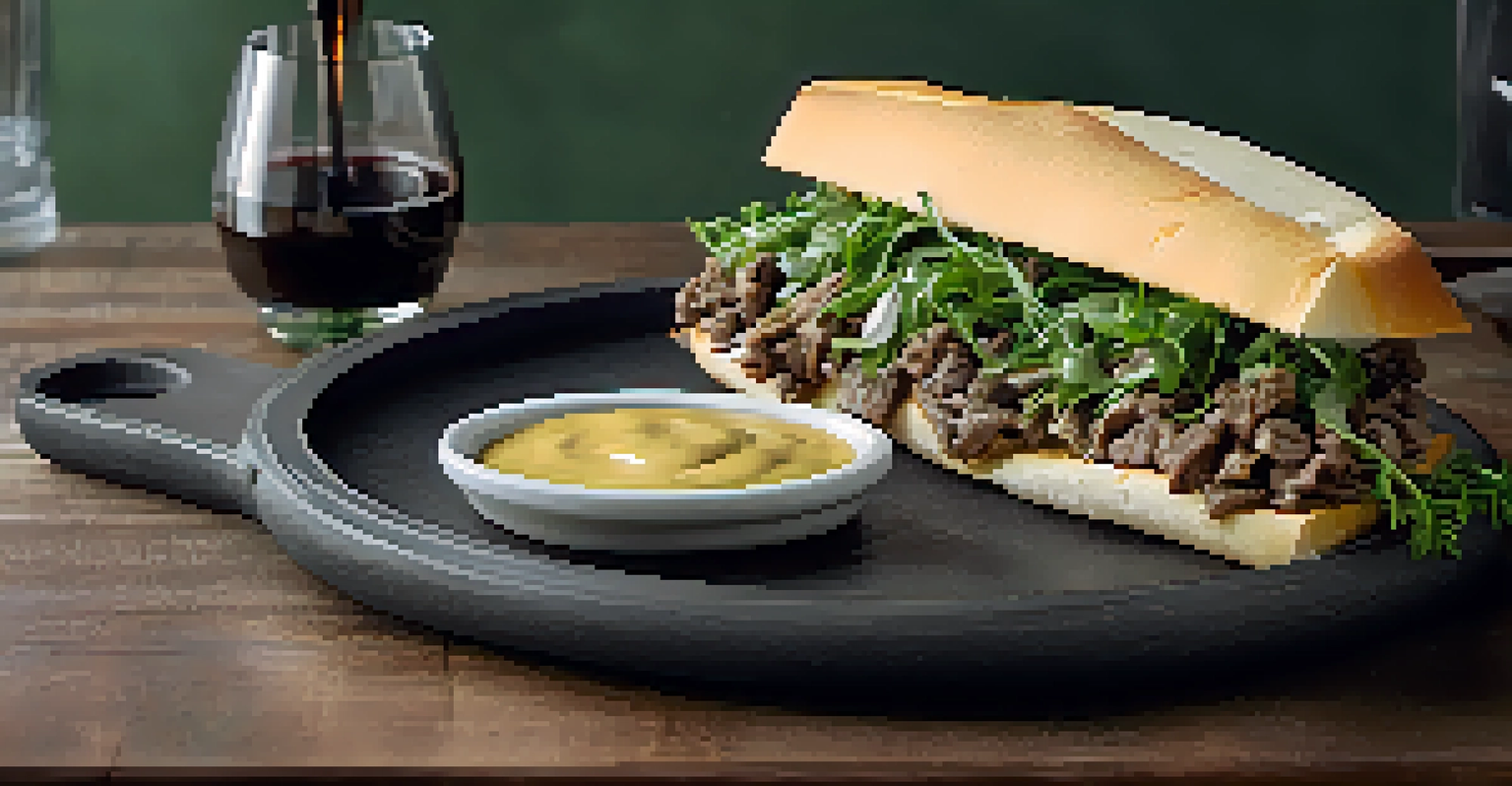 A gourmet cheesesteak with truffle oil and arugula on a slate plate, alongside a side of dipping sauce, in a modern kitchen.