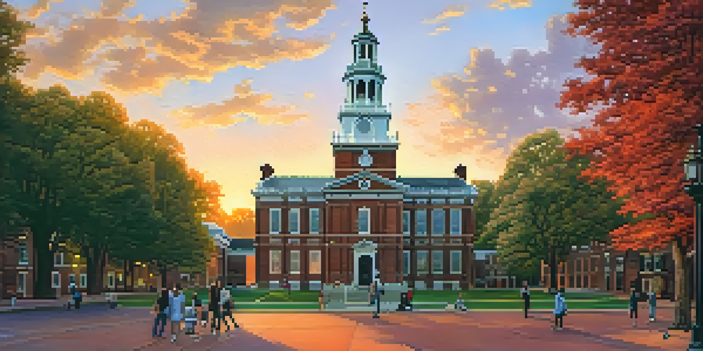 Sunset view of Independence Hall with visitors walking around, featuring a red brick facade and bell tower.
