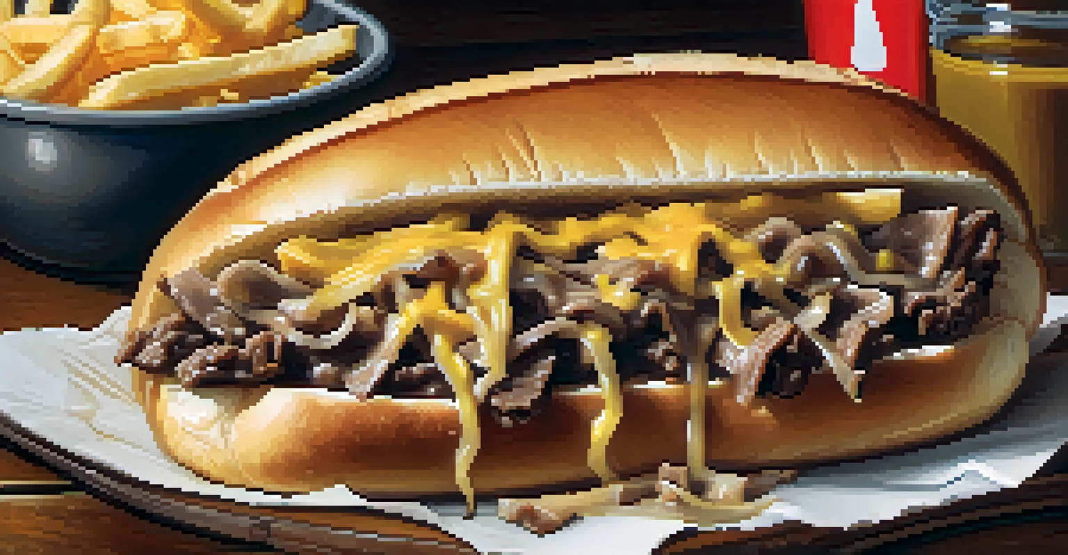 A close-up view of a cheesesteak sandwich with beef, cheese, and onions on a wooden table.