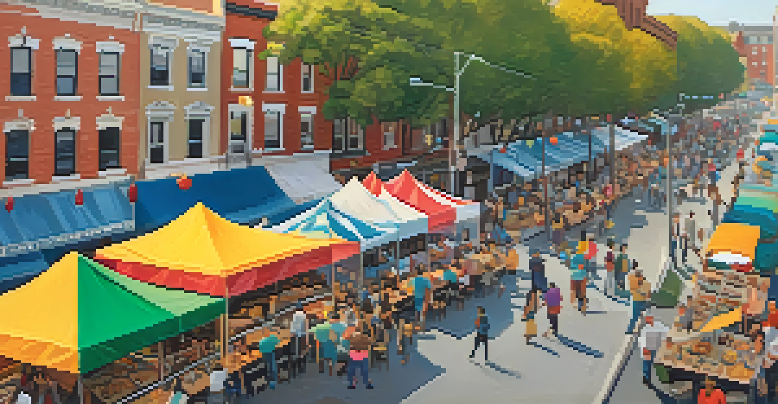 Aerial view of a community food festival in East Passyunk with colorful food stalls and enthusiastic visitors under warm light.