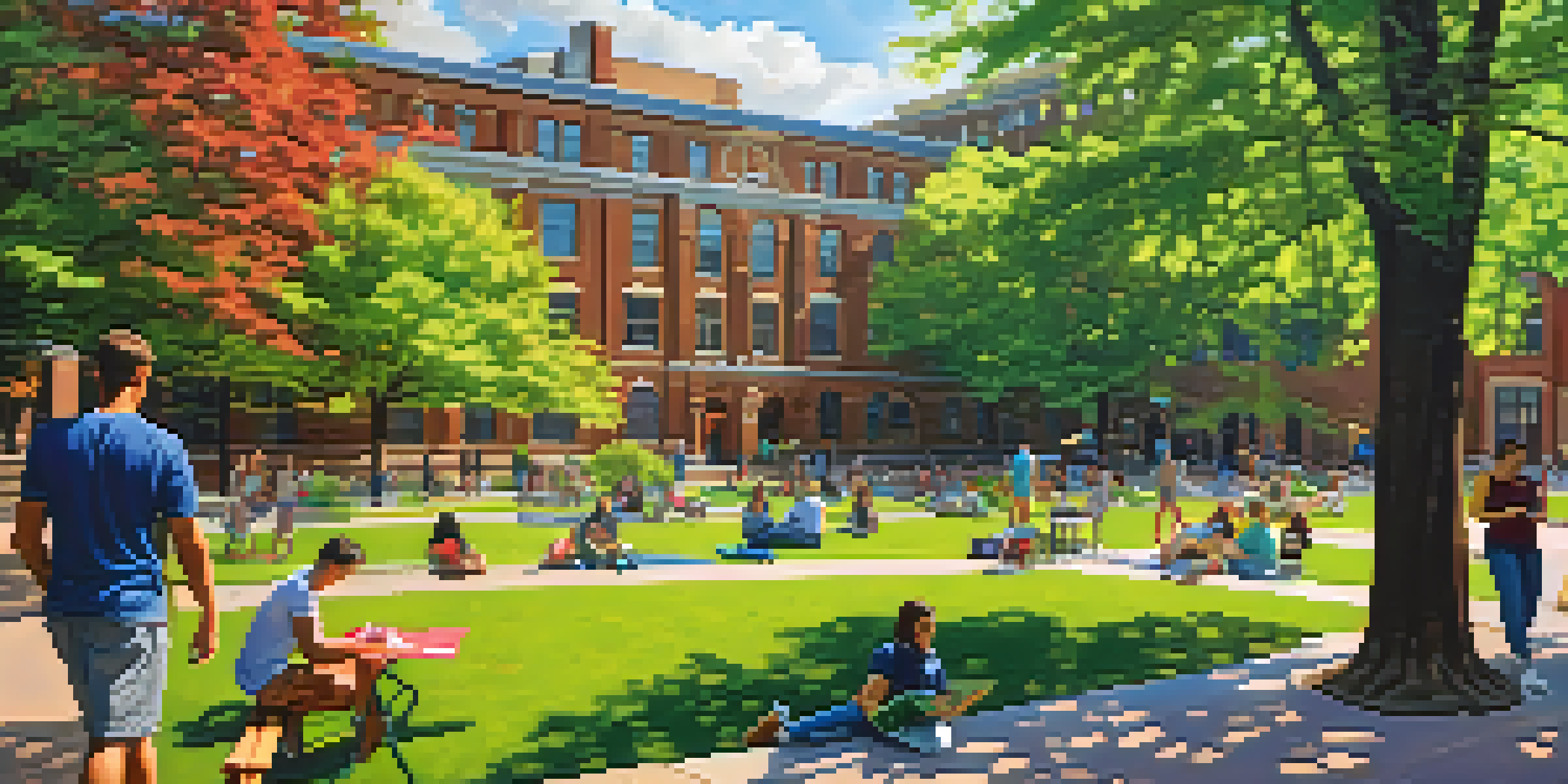 A lively university campus scene with students studying and socializing outdoors amidst greenery and flowers.