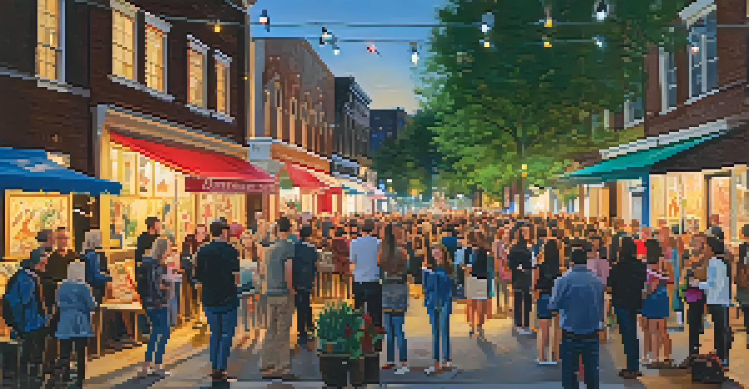 A bustling First Friday art event in Old City with people enjoying art displays and interacting with artists, all illuminated by string lights.