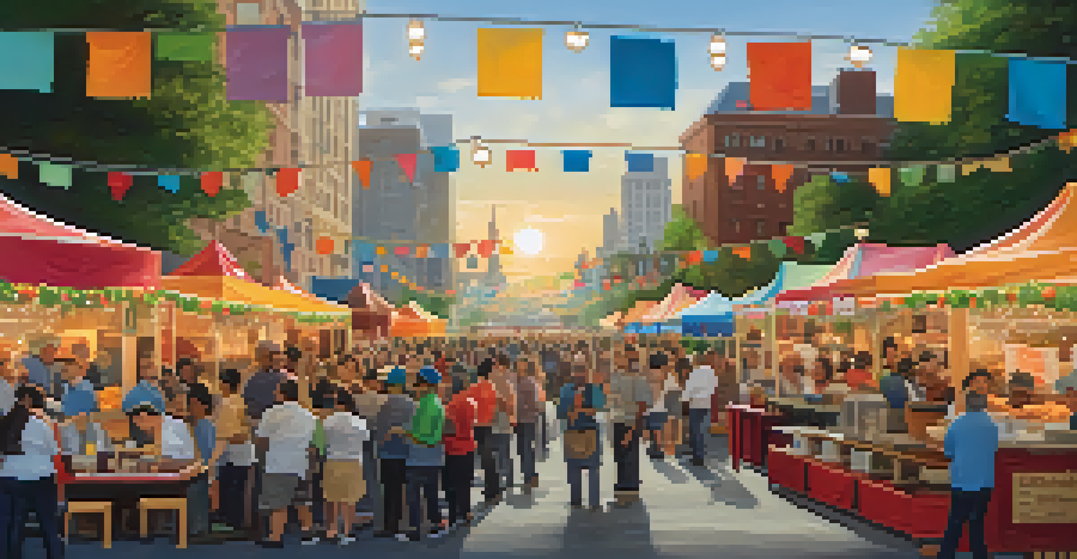 A vibrant food festival with chefs and visitors enjoying diverse cuisines under string lights at sunset.