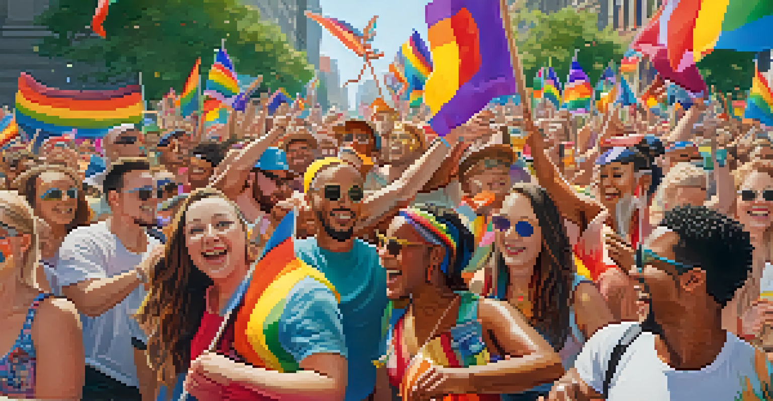 A vibrant parade scene with colorful floats and participants celebrating diversity, with rainbow flags and an enthusiastic crowd.