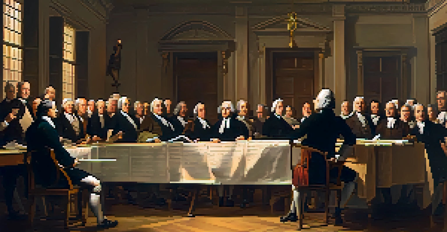 Delegates debating inside a historical room during the Constitutional Convention, surrounded by period furniture and candlelight.