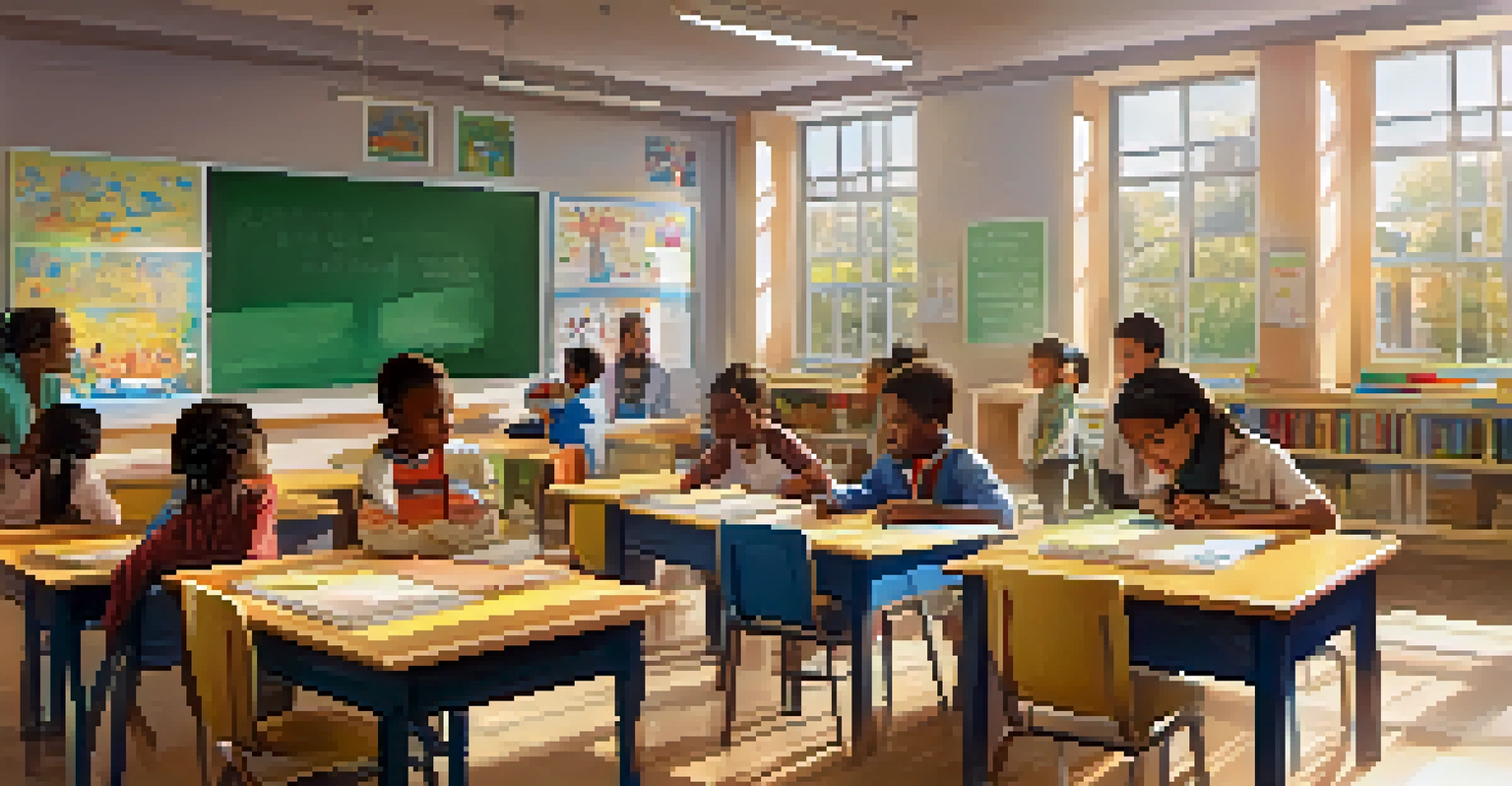 University students tutoring children in an urban community center classroom filled with educational materials.