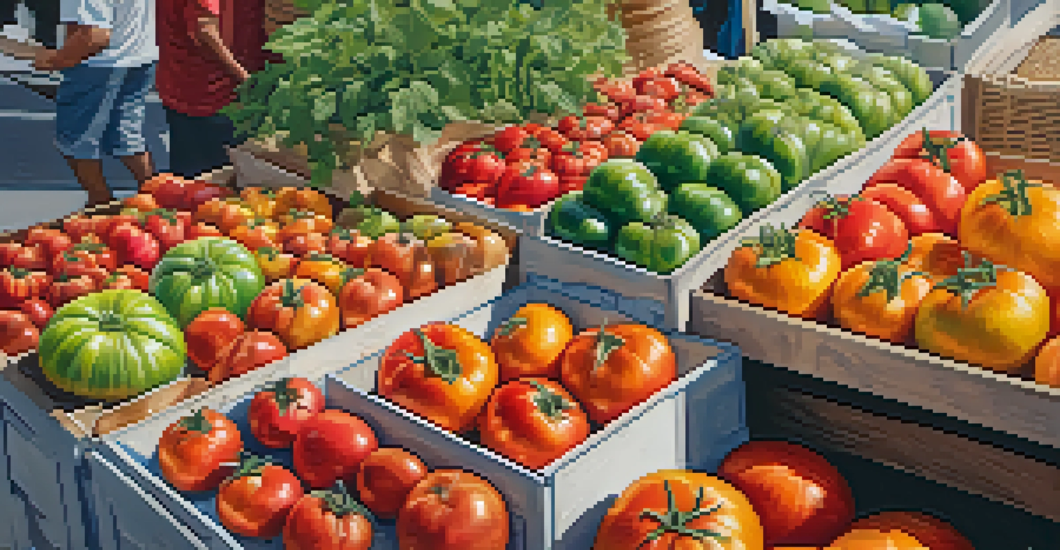 A close-up of fresh heirloom tomatoes and herbs at a farmers' market stall in Philadelphia, with a vendor engaging with a customer.
