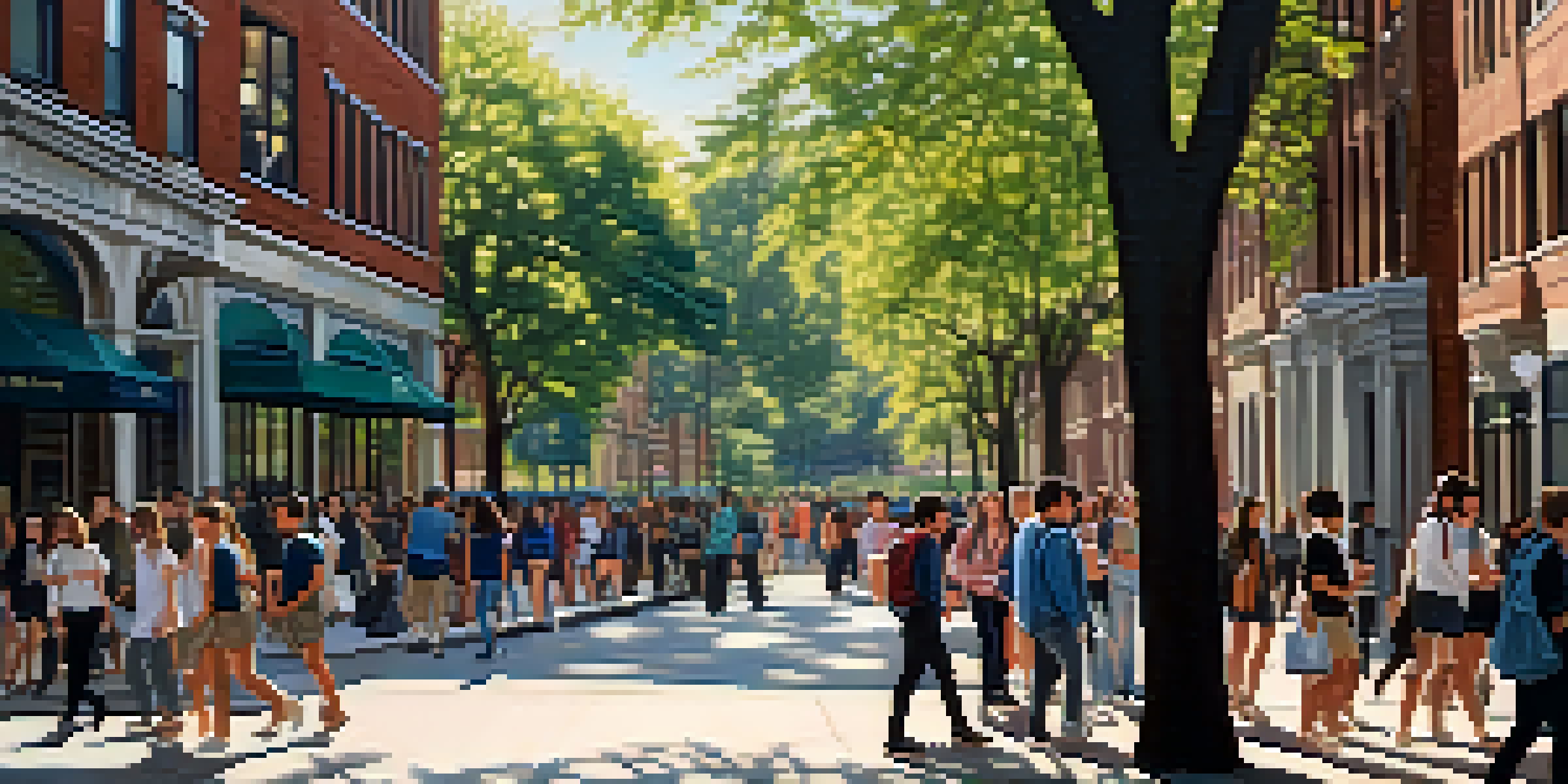 A vibrant street scene in Philadelphia with students and professionals near the University of Pennsylvania and Thomas Jefferson University, illuminated by soft sunlight.