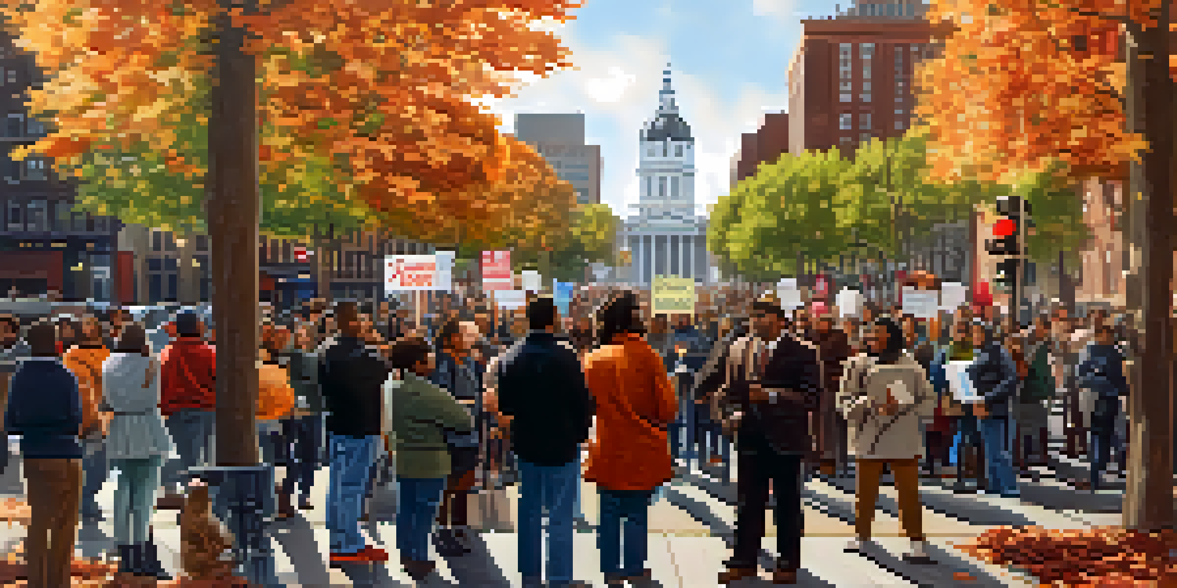 A diverse group of activists in Philadelphia holding signs in a lively street scene with historic buildings in the background.