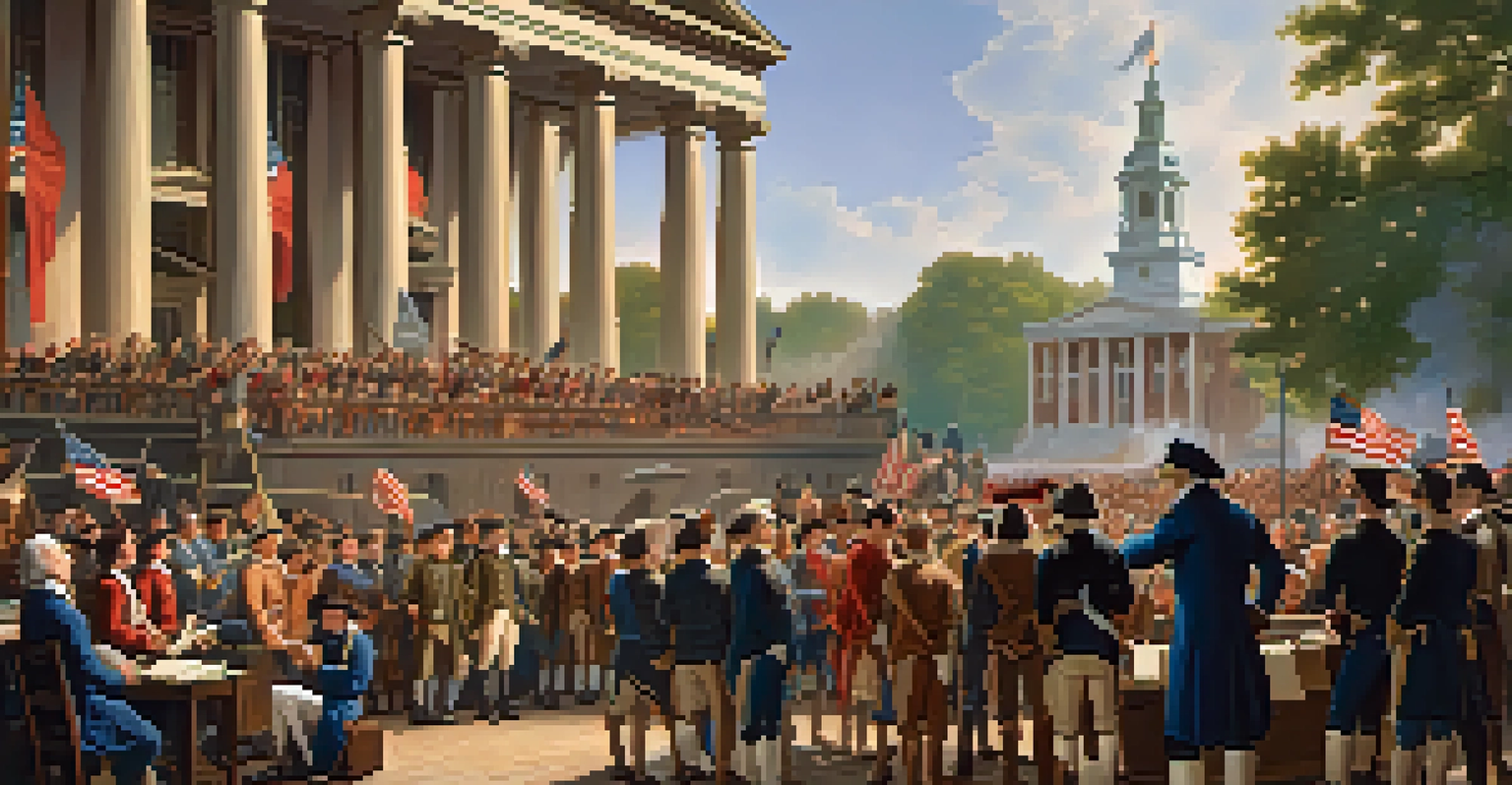 A crowd of citizens in Philadelphia gathered to hear the Declaration of Independence being read, with fireworks in the background and Independence Hall in view.