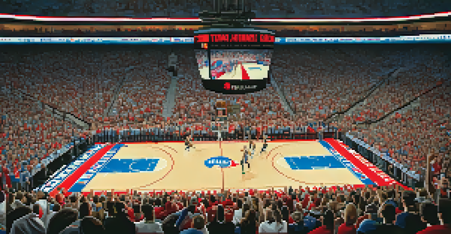 Philadelphia 76ers players in action at the Wells Fargo Center, with fans cheering in the stands and bright lights illuminating the court.