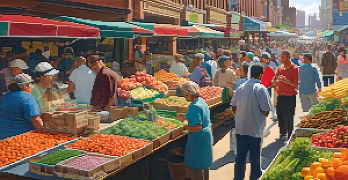 A lively food market in Philadelphia filled with diverse stalls and people sampling international foods.