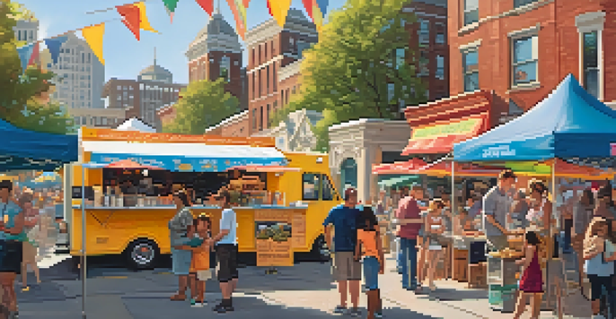 A lively food festival in Philadelphia with food trucks, families enjoying cheesesteaks, and colorful stalls filled with fresh produce and artisanal goods.