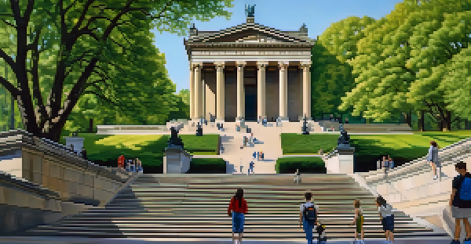 A grand view of the Philadelphia Museum of Art with its iconic steps and classical architecture, surrounded by greenery and people.