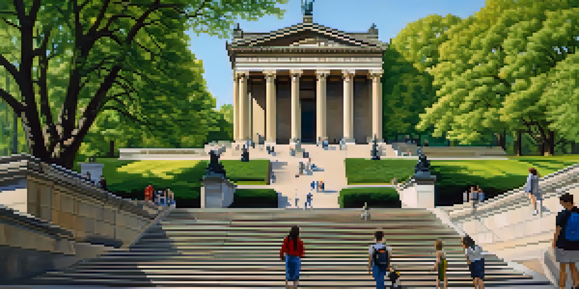 A grand view of the Philadelphia Museum of Art with its iconic steps and classical architecture, surrounded by greenery and people.