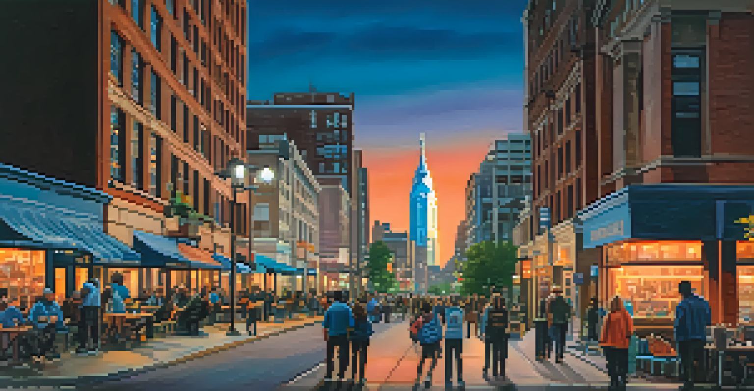 A modern cityscape of Philadelphia at dusk with illuminated buildings and people engaging in community activities.