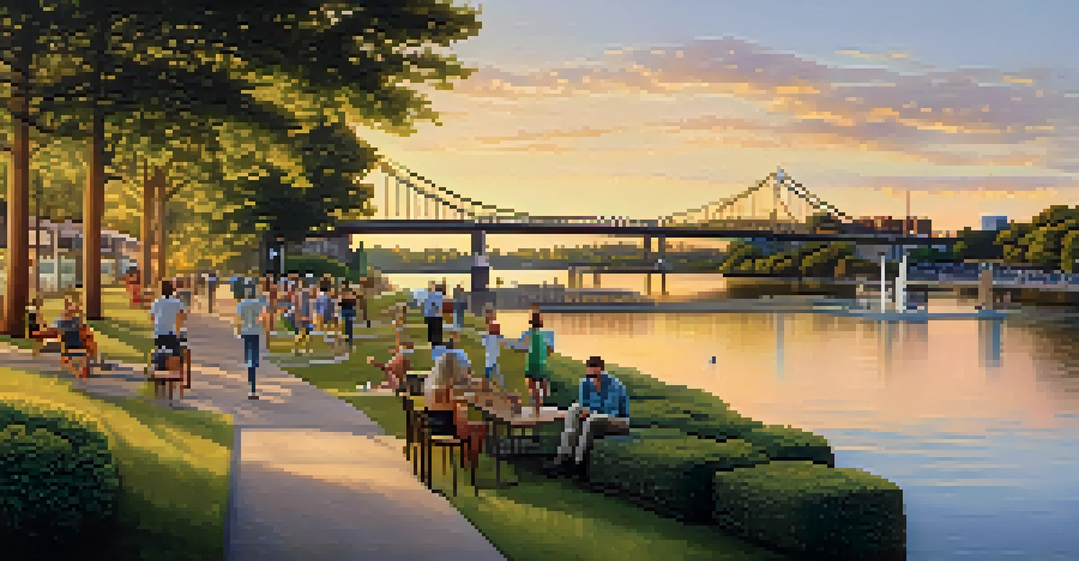 A scenic view of the Schuylkill River waterfront in Philadelphia with people enjoying recreational activities, lush landscaping, and a beautiful sunset.