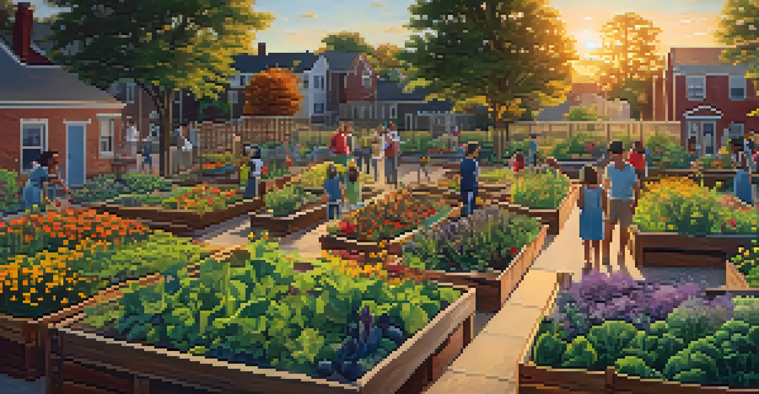 A community garden in Philadelphia with residents gardening, vibrant flowers, and a warm sunset atmosphere.