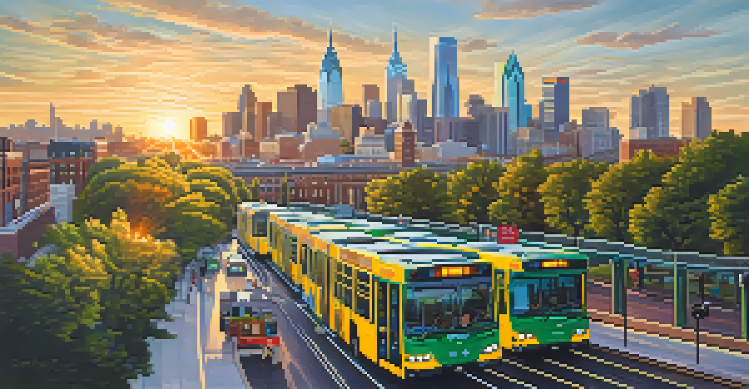 Aerial view of Philadelphia's public transit system with buses, trolleys, and the city skyline at sunset.